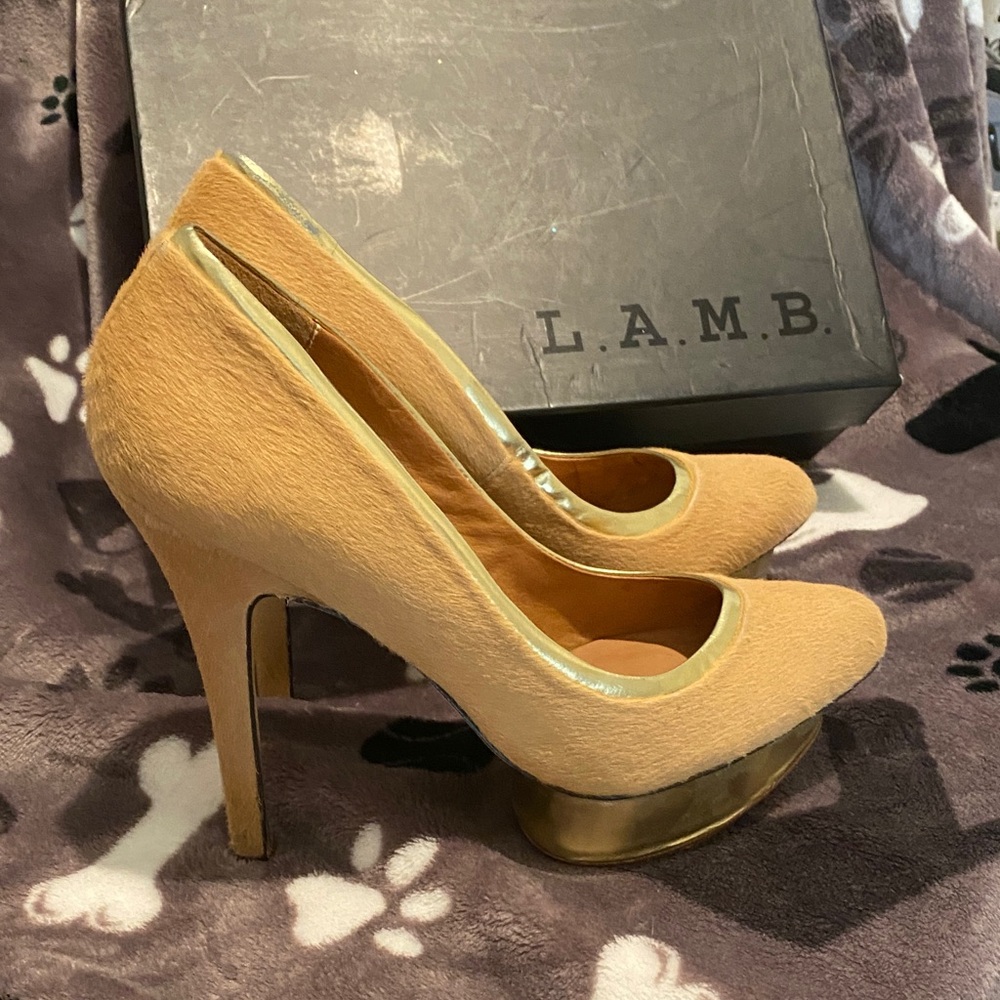 L.A.M.B. Tan and Gold High Heels